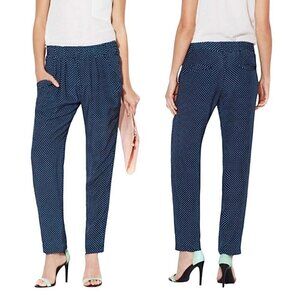 NWOT Gold Hawk Polkadot Pants Sz.M Navy White 100% Silk Tapered Elastic Waist